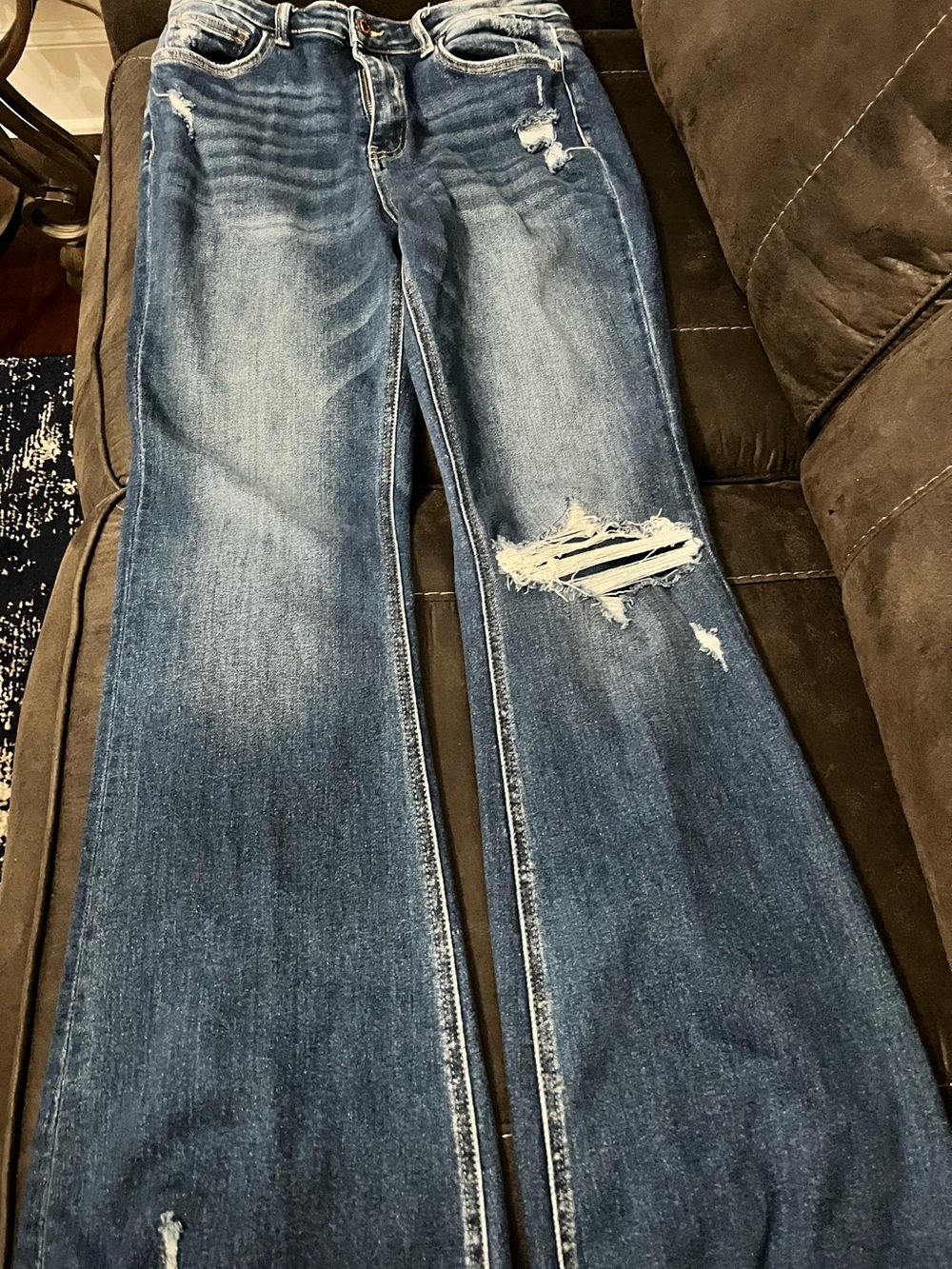 Classic Dark Blue Wide Leg Distressed Jeans